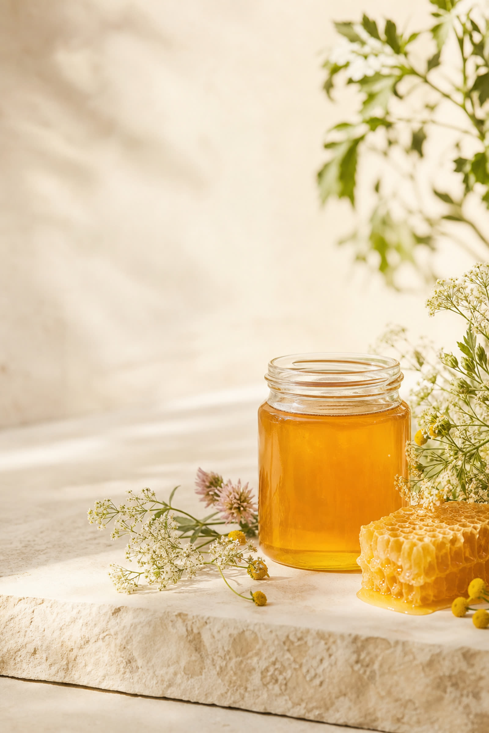 Honigglas, Honigwabe und Bienenpflanzen in warmer minimalistischer Szene